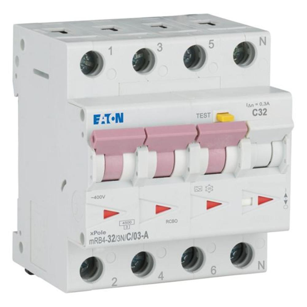 mRB4-32/3N/C/03-A Дифференциальный автоматический выключатель 32/0,3А, кривая отключения C, 3+N полюсов, откл. способность 6 кА