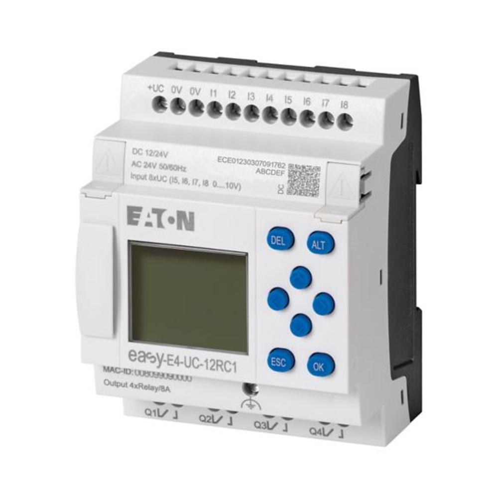 EASY-E4-UC-12RC1 Программируемое реле 12/24V AC/DC, цифровые 8 DI (4 могут использоваться как как аналог.), 4DO реле 8A, дисплей+клавиатура, часы реального времени, Ethernet RJ45
